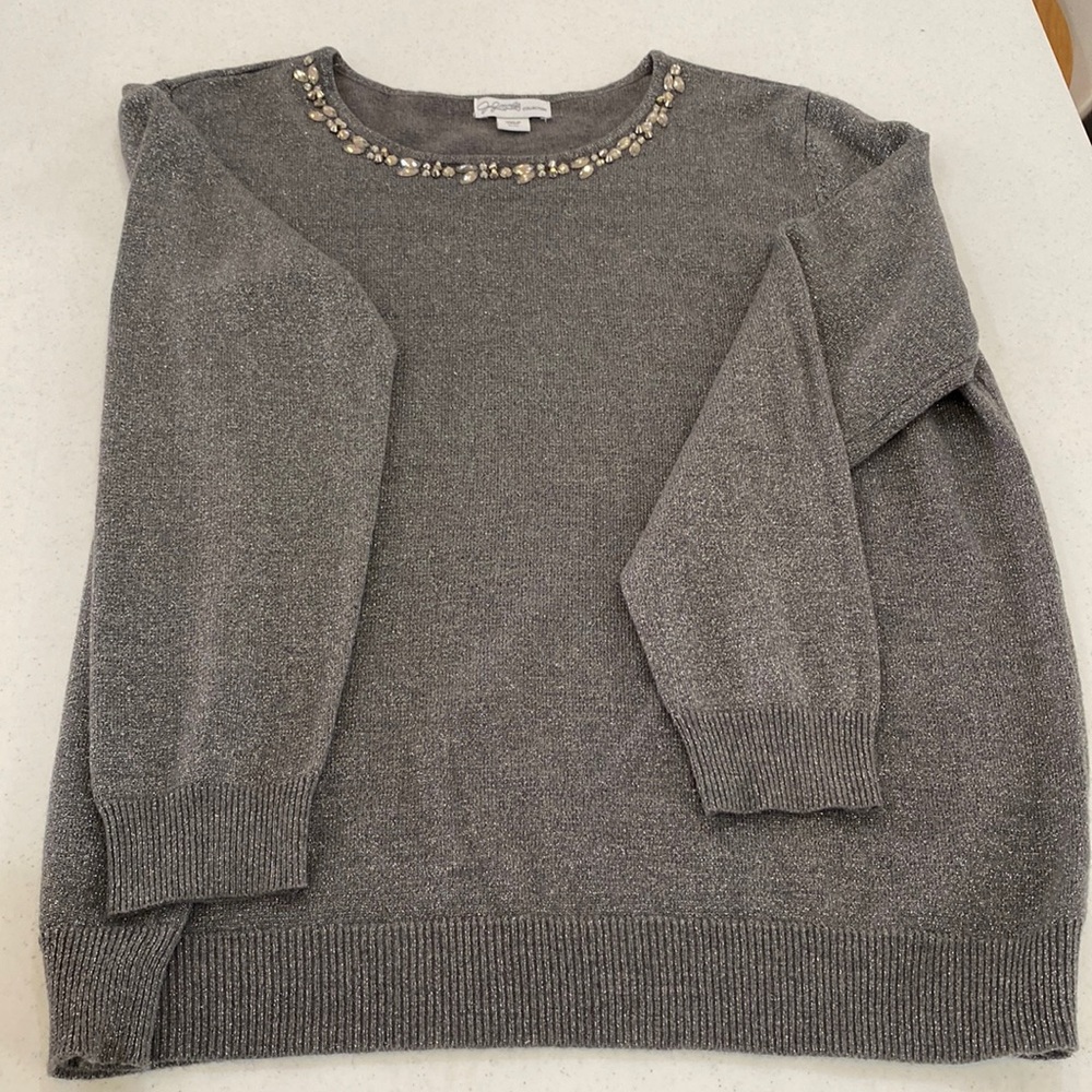 Jaclyn Smith Gray Silver Sweater with Rhinestones at neckline size XL